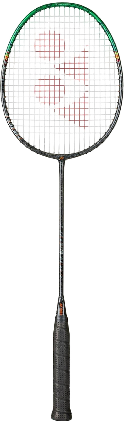 The Yonex Astrox 99 Tour 4U Badminton Racket in black/green features a slim shaft, circular head, red-patterned strings, and a green-outlined frame for enhanced power with every shot.