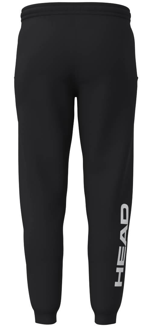 The HEAD Club Original Mens Badminton Pants in black feature a white vertical "HEAD" logo on the lower right leg, plus an elastic waistband and ankle cuffs for comfort.