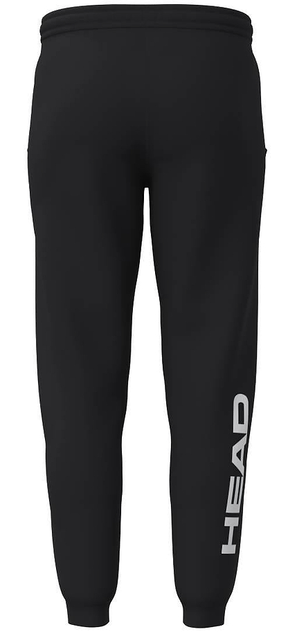 The HEAD Club Original Mens Badminton Pants in black feature a white vertical "HEAD" logo on the lower right leg, plus an elastic waistband and ankle cuffs for comfort.