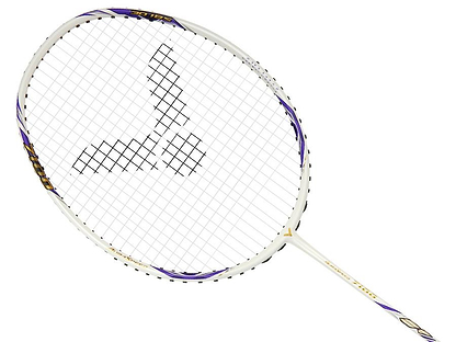 The Victor Auraspeed 7100 4U Badminton Racket by Victor features a white and purple design with a black logo on the string bed, made from high resilience graphite and displayed against a white background.
