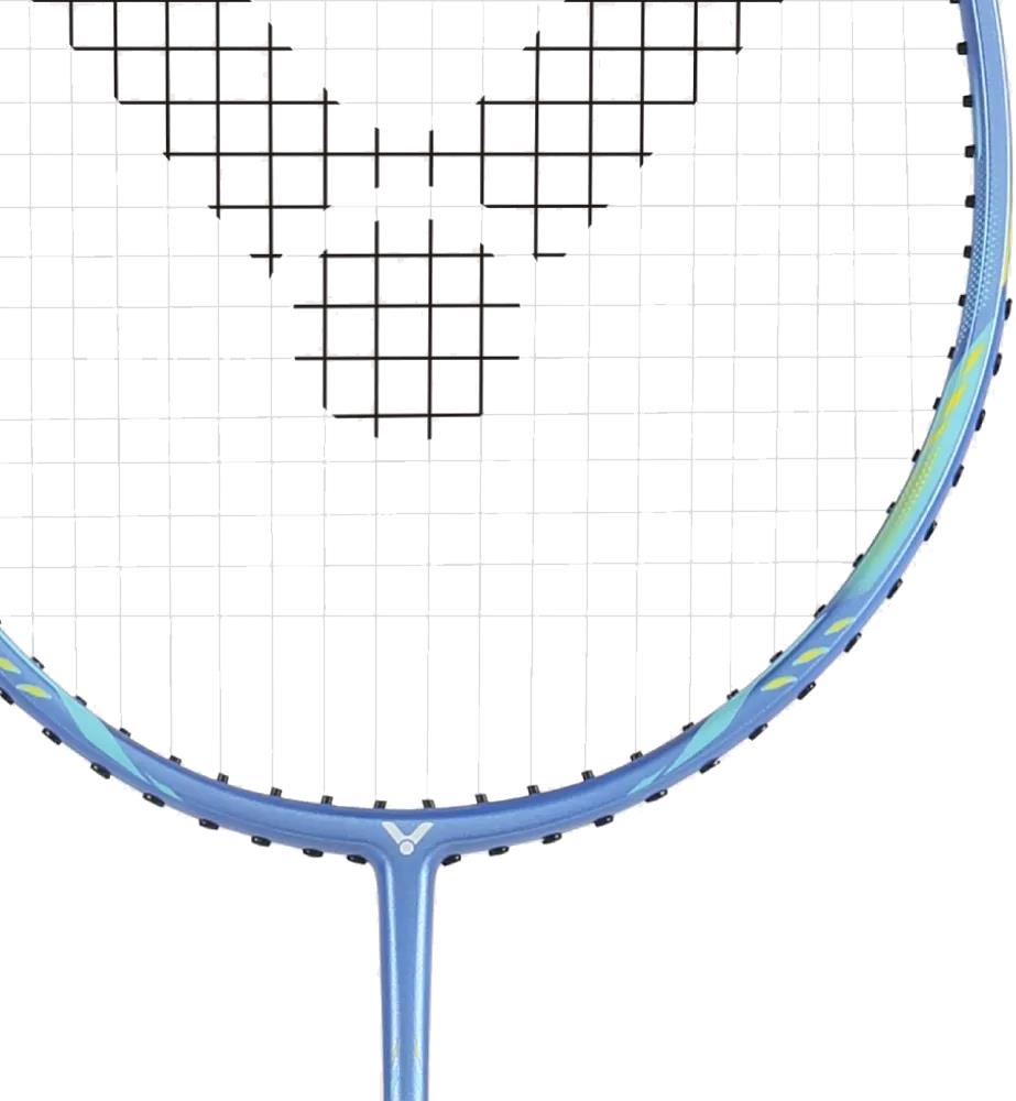 A close-up of the Victor Thruster Ryuga Sport F 3U Badminton Racket by Victor, featuring a blue frame, black strings, and a unique black center pattern—perfect for beginner to intermediate players.