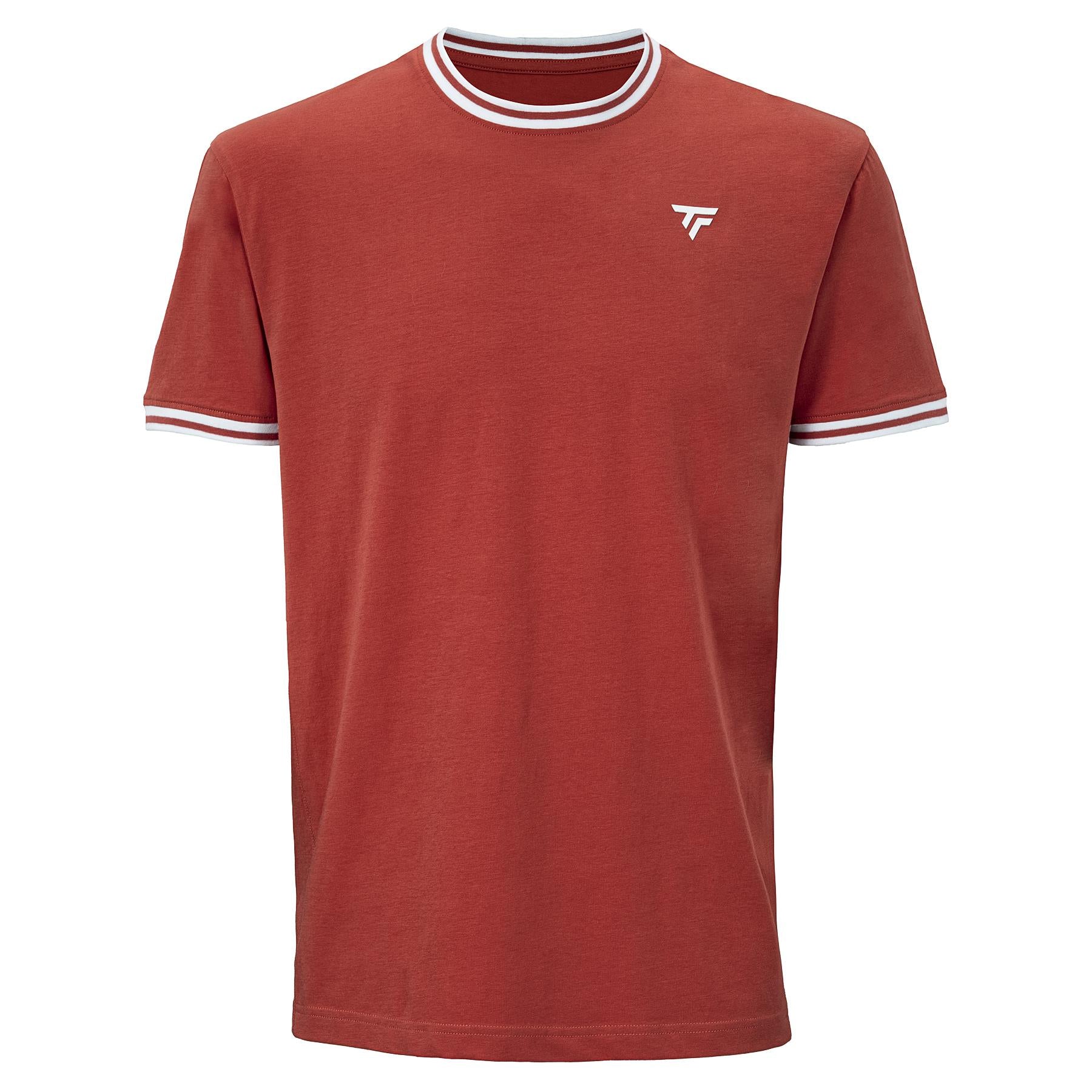 The Tecnifibre Team Stretch Men’s Badminton T-Shirt in Terracotta features soft organic cotton, a plain red design with white and red striped collar and sleeve cuffs, and a small white "TF" logo on the left chest.