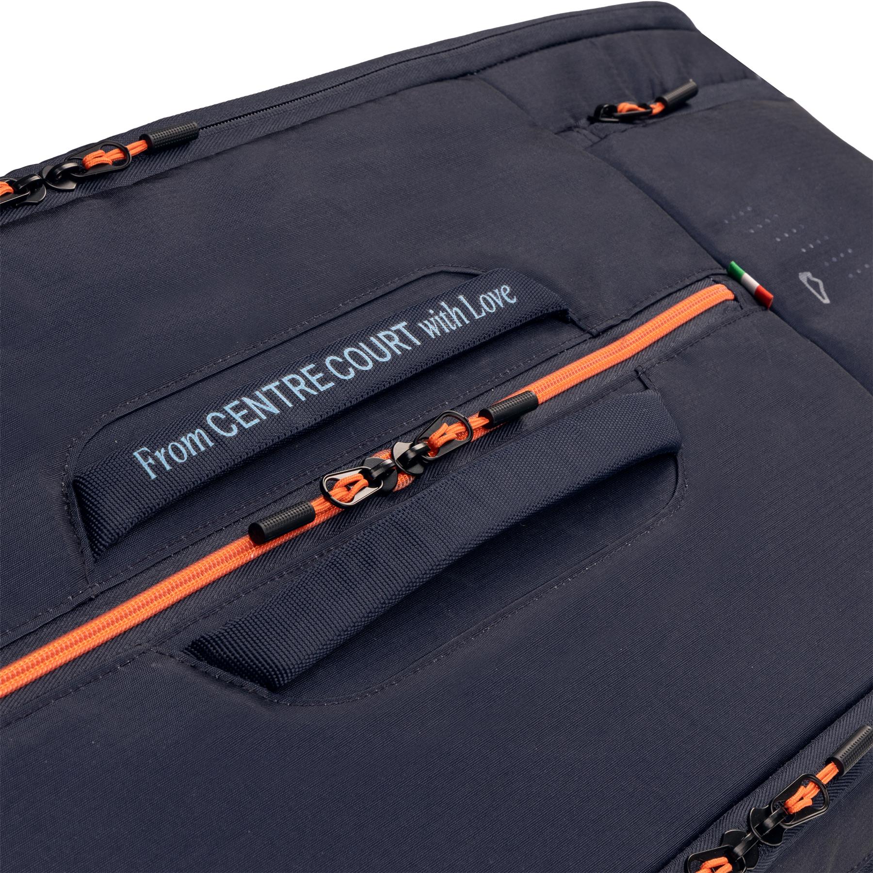 Close-up of the HEAD Pro 12 Racket Badminton Bag XL - Navy, featuring orange zippers, a "From CENTRE COURT with Love" tag, multiple compartments, zipper pulls, and advanced HEAD CCT+ climate control technology.