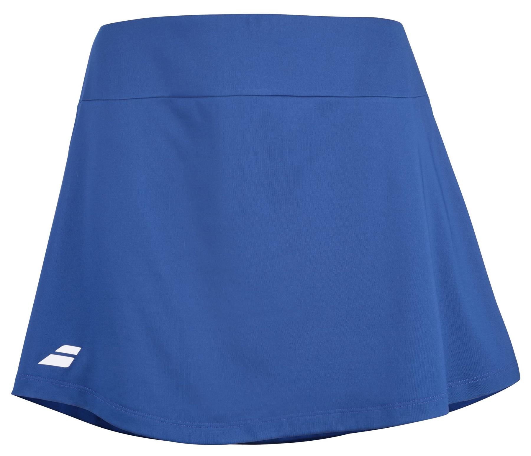 The Babolat Play Women's Badminton Skirt in Sodalite Blue features integrated shorts, a wide waistband, and a small white logo on the lower left, shown against a white background.