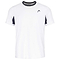 The HEAD Slice Mens Badminton T-Shirt - White is a sporty, white t-shirt that highlights short sleeves and a subtle logo on the left chest. It features distinctive black accents along the sleeve sides and inside the collar. Its athletic design is further enhanced by Moisture Transfer Microfiber technology, ensuring maximum breathability.