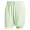 The ADIDAS Melbourne Men's 2in1 Badminton Shorts in green, crafted by adidas using recycled materials, feature an elastic waistband with a drawstring. The inner layer extends slightly below the outer layer for enhanced comfort, making their lightweight design ideal for sports or casual wear.