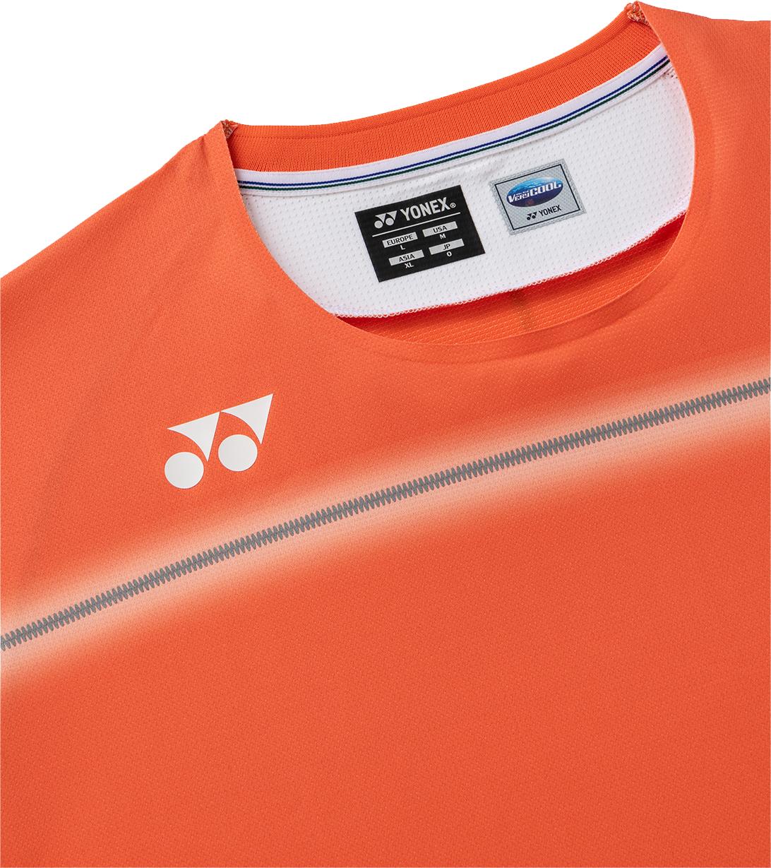Close-up of the Yonex 10711YX Crew Neck Men's Badminton T-Shirt in Cyber Orange, featuring a crew neck, visible tags, white Yonex logo on the left chest, and a horizontal white stripe for standout performance style.