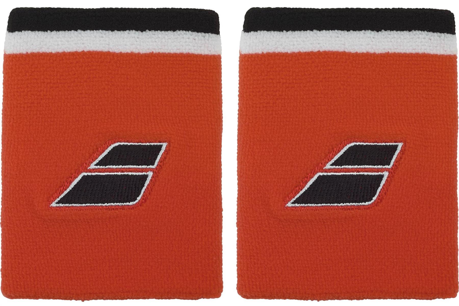 The Babolat Terry Jumbo Wristband in Cherry Tomato features black and white stripes at the top and a bold, slanted Babolat logo—perfect for absorbing sweat and adding style to your tennis accessories collection.