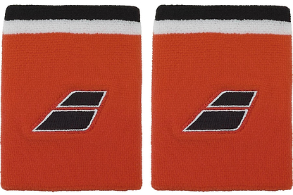The Babolat Terry Jumbo Wristband in Cherry Tomato features black and white stripes at the top and a bold, slanted Babolat logo—perfect for absorbing sweat and adding style to your tennis accessories collection.