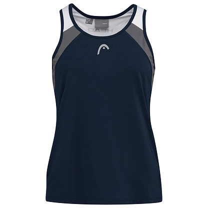 Introducing the HEAD Women's Club 22 Badminton Tank Top in Dark Blue. This stylish sleeveless top features a fitted design with navy blue as its primary color, complemented by white shoulder panels and gray accents. Manufactured by HEAD Sportswear, it incorporates Moisture Transfer Microfibre technology for optimal performance and displays a centered logo on the chest.