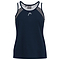 Introducing the HEAD Women's Club 22 Badminton Tank Top in Dark Blue. This stylish sleeveless top features a fitted design with navy blue as its primary color, complemented by white shoulder panels and gray accents. Manufactured by HEAD Sportswear, it incorporates Moisture Transfer Microfibre technology for optimal performance and displays a centered logo on the chest.