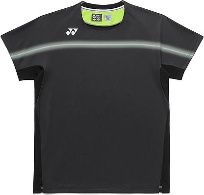 The Yonex 10711YX Crew Neck Men's Badminton T-Shirt in black features short sleeves, a light gray chest stripe, and a white Yonex logo on the left shoulder—ideal performance apparel for active badminton play.