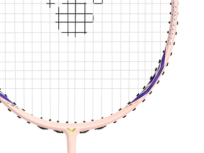 Close-up of the Victor Auraspeed 7100 4U Badminton Racket in light pink by Victor, featuring black strings and purple and yellow accents on the frame, with part of the logo visible against a white background.