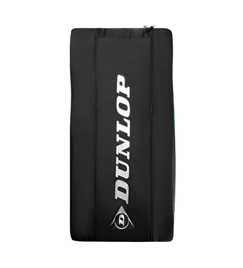 The Dunlop SX Performance 8 Racket Badminton Bag in teal, black, and yellow boasts ergonomic shoulder straps for comfort. A bold white "Dunlop" adorns its sleek shape, paired with a small triangular logo—perfect as a stylish badminton racket bag.