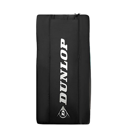 The Dunlop SX Performance 8 Racket Badminton Bag in teal, black, and yellow boasts ergonomic shoulder straps for comfort. A bold white "Dunlop" adorns its sleek shape, paired with a small triangular logo—perfect as a stylish badminton racket bag.