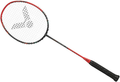 The Victor Thruster Ryuga TD C 4U Badminton Racket by Victor, in black and red, features a logo on its strings and a black grip-taped handle. It uses advanced Power Box technology for enhanced performance and is shown on a white background.