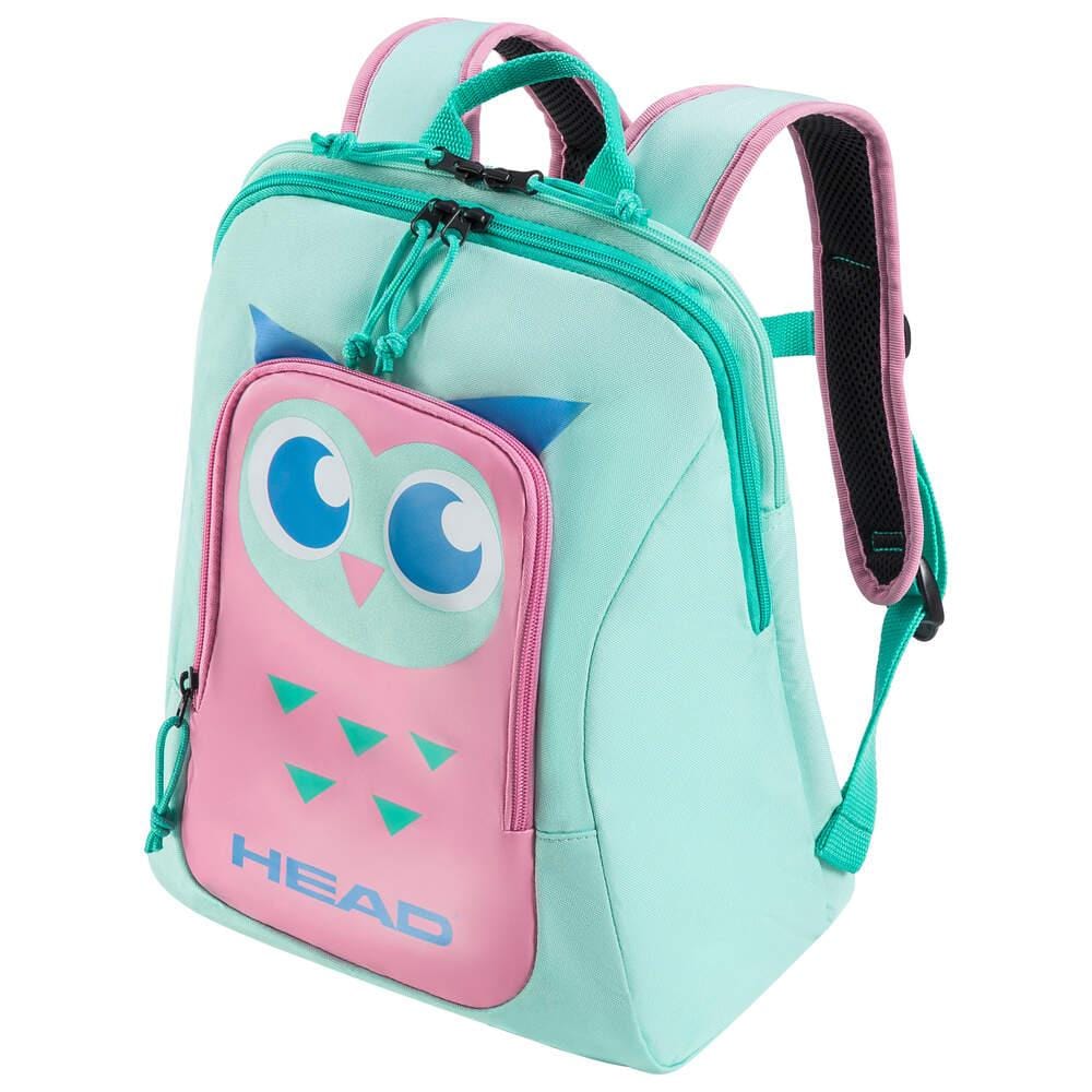 The HEAD Kids Tour Badminton Backpack - Owl by HEAD features a playful cartoon owl face on the front pocket, showcasing a delightful turquoise and pink color scheme. It includes padded shoulder straps, a top handle, and reflective logos for safety, making it perfectly designed for young badminton enthusiasts.