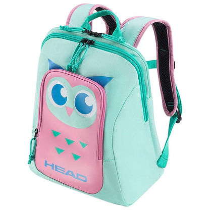 The HEAD Kids Tour Badminton Backpack - Owl by HEAD features a playful cartoon owl face on the front pocket, showcasing a delightful turquoise and pink color scheme. It includes padded shoulder straps, a top handle, and reflective logos for safety, making it perfectly designed for young badminton enthusiasts.