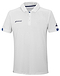 The Babolat Play Men's Badminton Polo Shirt in white is made from recycled polyester fabric, featuring a short-sleeve design with a collar and three buttons. It showcases a small blue "Babolat" logo on the left chest and boasts a stylish blue pattern on the right sleeve. Equipped with Fiber Dry technology, it ensures maximum comfort for players.