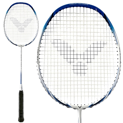 The Victor WaveTec Magan 7 3U Badminton Racket by Victor features a stylish white frame with black strings, making it ideal for intermediate players. The grip is wrapped in black tape for added comfort. The product display includes a close-up of the racket head along with a full view of this remarkable racket.