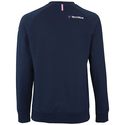 Rear view of the Tecnifibre Men's Sweatshirt in Marine Blue, made from premium quality cotton, featuring the logo and a small stripe design near the neckline for optimal comfort.