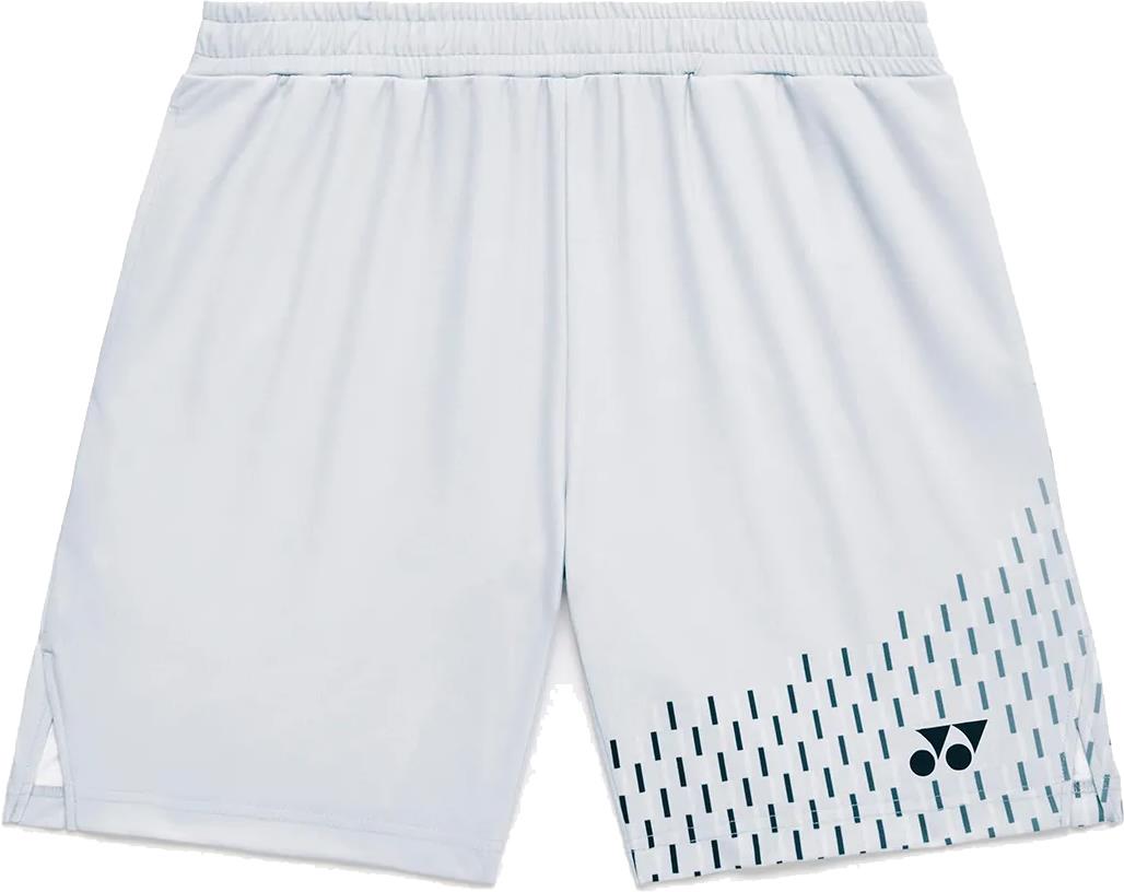 Yonex 15241EX Knit Men's Badminton Shorts in silver grey feature an elastic waistband, small dark vertical lines on the lower right leg, a small dark Yonex logo, and moisture-wicking fabric for comfort during play.