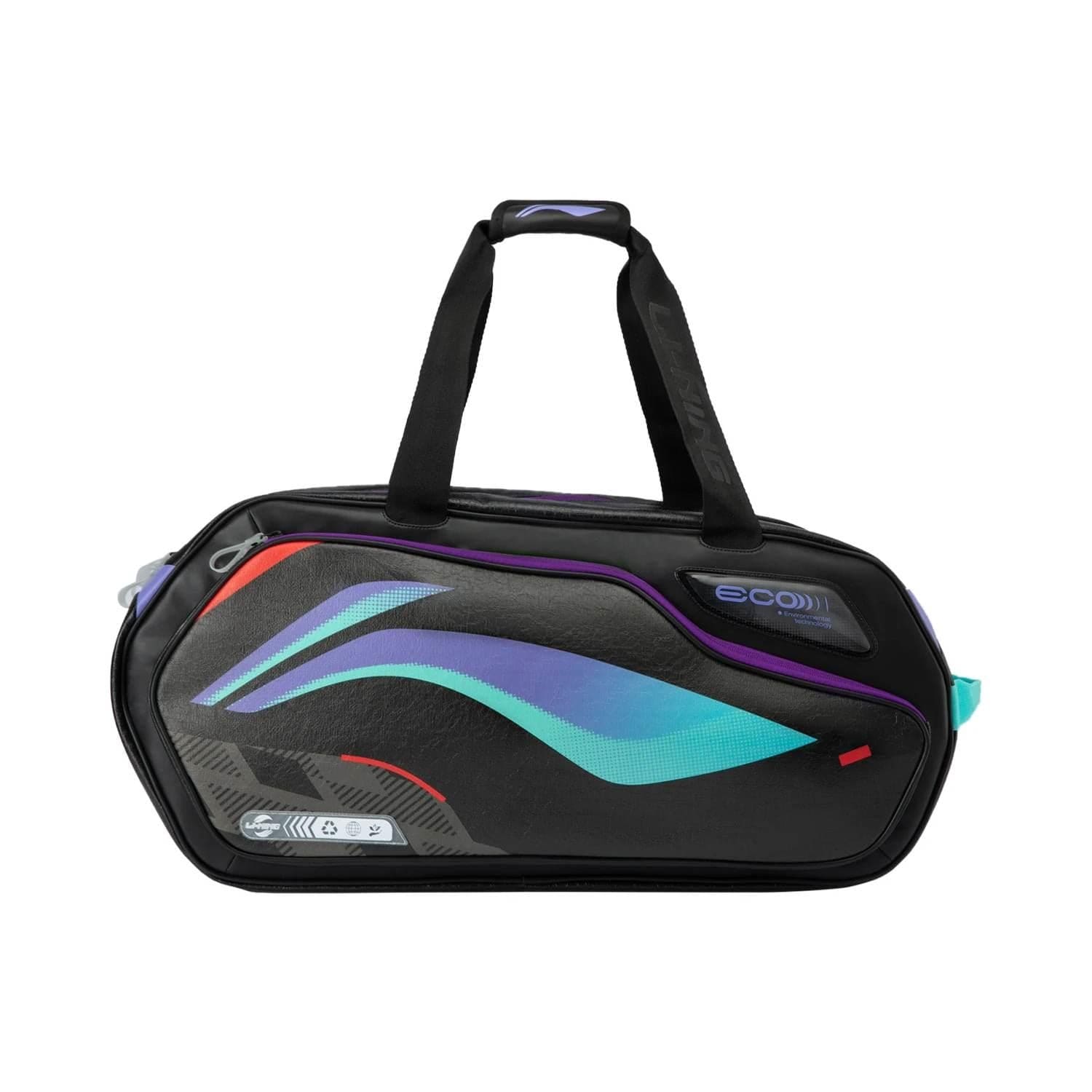 Introducing the Li-Ning International Elite 6 Racket Badminton Bag, a stylish black bag accented with colorful blue, teal, and red curves. It boasts modern graphics and robust black handles, ideal for athletes seeking both style and functionality.