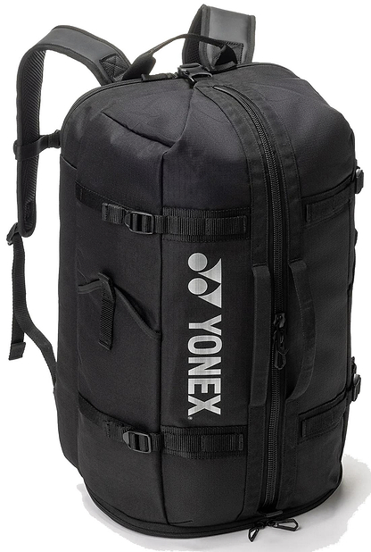 The Yonex BA72612EX Gearlogic Badminton Backpack - Black (40L) features multiple compartments, padded shoulder straps, side handles, and a white Yonex logo—ideal for organizing all your badminton gear.
