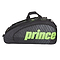 The Prince Tour Challenger 9 Racket Bag in black is designed with a distinctive feature of diagonal gray stripes and prominently showcases the "Prince" logo in large green letters. It features a convenient carry handle on top, includes adjustable shoulder straps for easy transport, and has thermal protective lining to ensure your gear stays secure.
