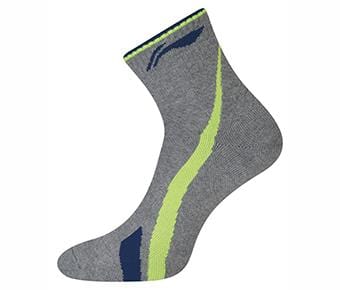 The Li-Ning Stripe Sports Socks in grey and green boast abstract patterns with yellow and dark blue stripes. This ankle-length design from Li-Ning seamlessly merges simplicity with style, making them ideal for athletic activities.