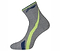 The Li-Ning Stripe Sports Socks in grey and green boast abstract patterns with yellow and dark blue stripes. This ankle-length design from Li-Ning seamlessly merges simplicity with style, making them ideal for athletic activities.