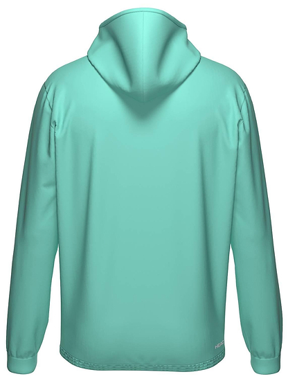 HEAD Topspin Mens Badminton Hoodie - TQXU in aqua, designed for men, features long sleeves and a plain back with a small text detail near the lower right hem. No visible patterns or large logos. Brand: HEAD.