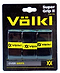 The packaging of the Volkl Super Grip II Badminton Overgrip - 3 Pack - Black highlights three black grips featuring the brand's yellow logo, offering an ultra-thin and tacky texture. The package states it includes three pieces (3 Stk / Pcs).