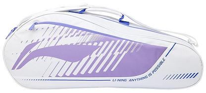 The Li-Ning Training Series 3 Racket Badminton Bag in white and purple features an abstract purple design, blue accents, “ANYTHING IS POSSIBLE” slogan, two handles, and a zippered main compartment for your racket.
