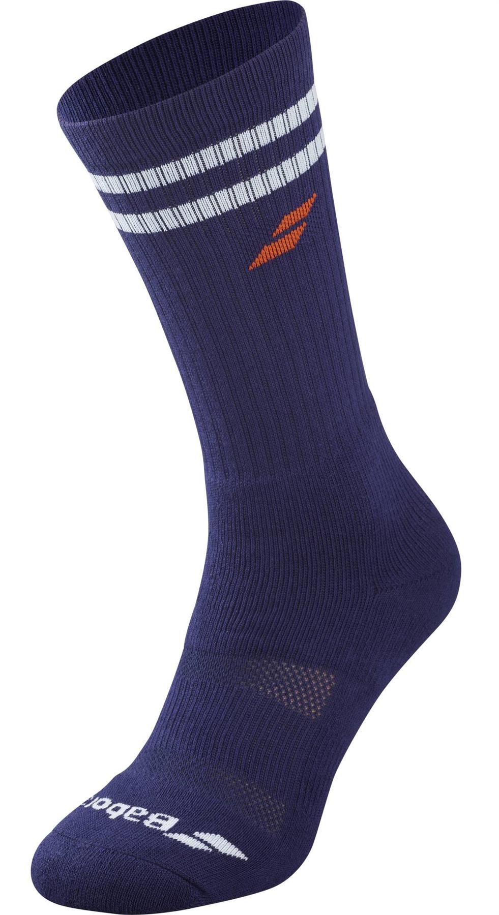 The Babolat Team Single Badminton Sock in Illusion Blue features two white stripes near the top, an orange logo on the side, and the Babolat brand name and logo in white near the toe—perfect for comfortable sports or badminton wear.