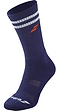 The Babolat Team Single Badminton Sock in Illusion Blue features two white stripes near the top, an orange logo on the side, and the Babolat brand name and logo in white near the toe—perfect for comfortable sports or badminton wear.