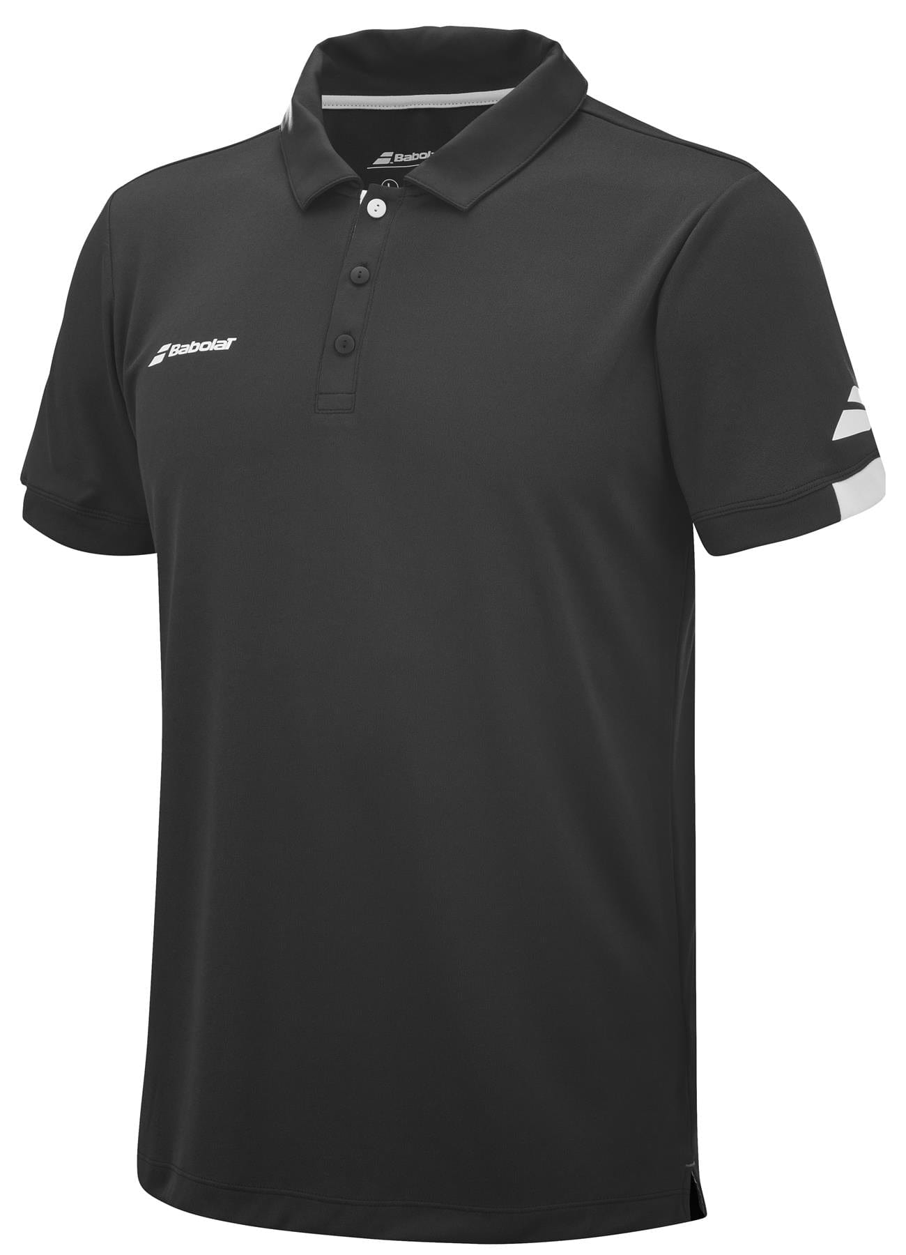 Introducing the Babolat Play Men's Badminton Polo Shirt in black. This sleek short-sleeve polo is made from recycled polyester and includes a collar and buttoned placket. It features a stylish touch with a white Babolat logo on the left chest and a white stripe on the right sleeve.
