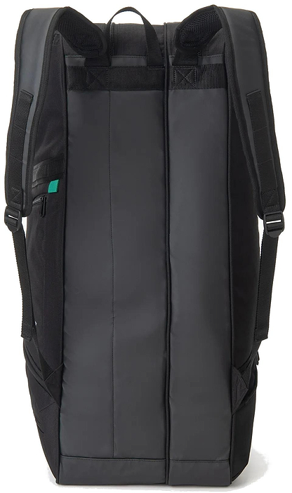 The Yonex BA72626EX Gearlogic 6 Racket Badminton Bag in black, shown from the back, features padded shoulder straps, a top handle, and a streamlined design.