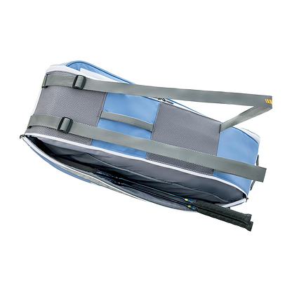 A Yonex 52526EX Club 6 badminton bag in greyish blue with gray straps lies partly open, showing a black racket inside. It features mesh details and adjustable buckles.