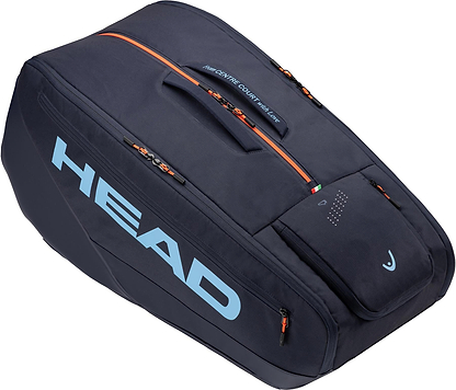 The HEAD Pro 12 Racket Badminton Bag XL - Navy by HEAD features navy color, blue logo, orange zippers, a carry handle, multiple compartments including a large CCT+ climate control main section, and a front pocket.