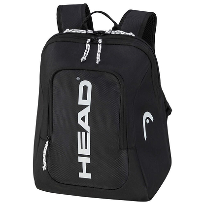 The HEAD Kids Tour Badminton Backpack in Black and White showcases the "HEAD" logo prominently displayed in bold white letters. It includes adjustable padded straps and a zippered front pocket for convenience. Featuring a practical racket compartment and reflective logos on the sides, this backpack is ideal for young athletes.