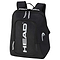 The HEAD Kids Tour Badminton Backpack in Black and White showcases the "HEAD" logo prominently displayed in bold white letters. It includes adjustable padded straps and a zippered front pocket for convenience. Featuring a practical racket compartment and reflective logos on the sides, this backpack is ideal for young athletes.
