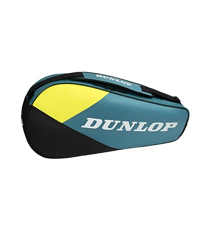 The Dunlop SX Club 3 Racket Badminton Bag in teal, black, and yellow features a zippered opening and carries the Dunlop logo in white, with a convenient strap for carrying.