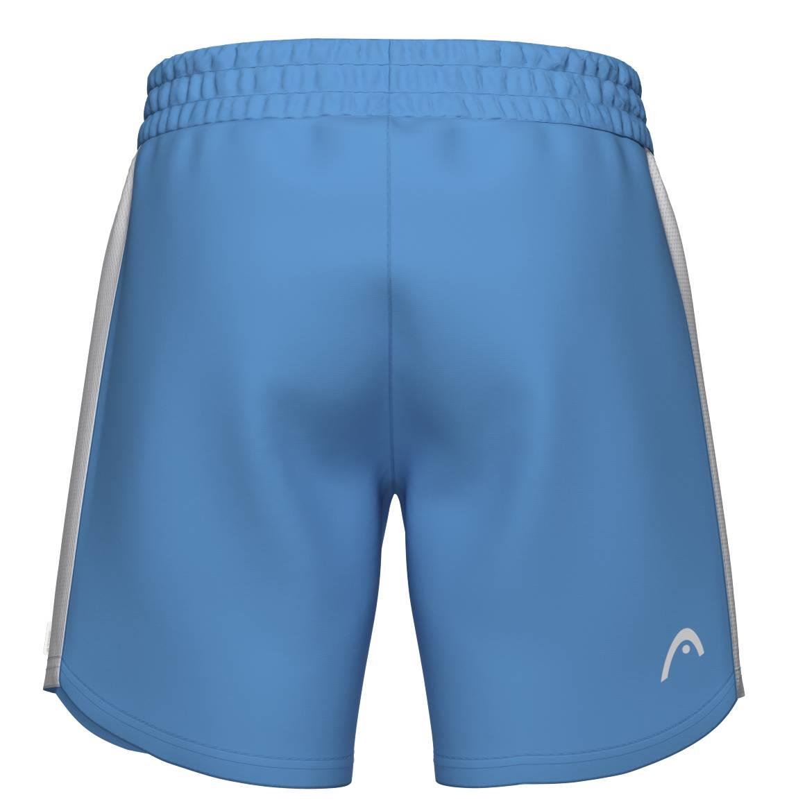 Back view of HEAD Power Men's Badminton Shorts in Airforce Blue/White, featuring an elastic waistband, white side panels, and a small white logo—ideal for active play on the tennis or badminton court.