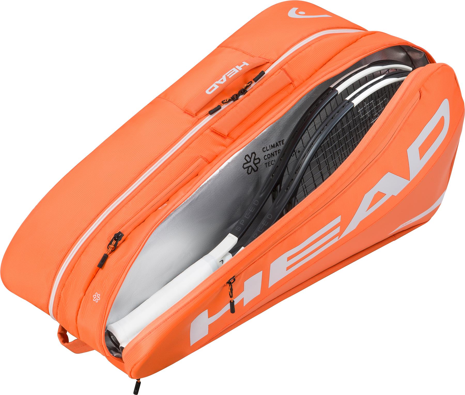 The HEAD Tour 9 Racket Badminton Bag L in orange features white lettering, multiple compartments, advanced climate control technology, and ample space for rackets and accessories.