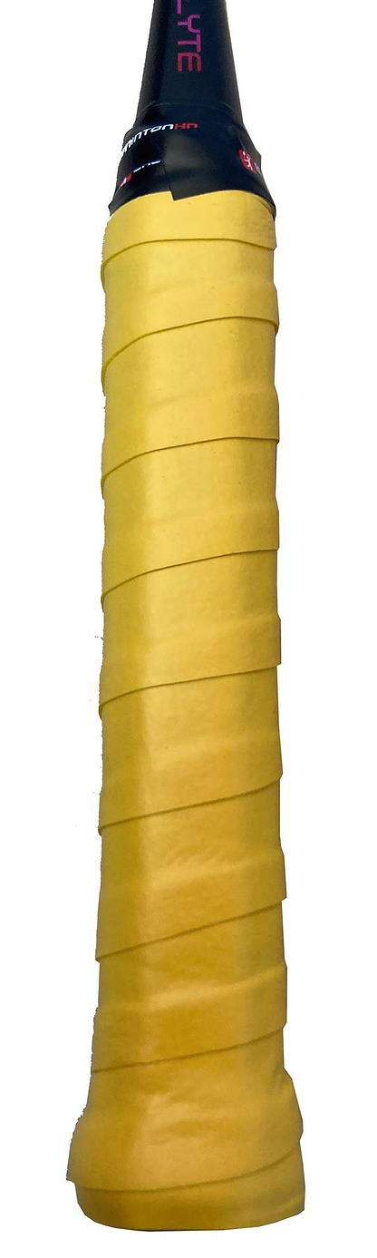 Close-up of a BadmintonHQ 3 Pack Badminton Overgrips in Sunset Yellow, wrapped on a handle with black tape for durability. The tacky grip resembles classic badminton style, set against a clean white background.