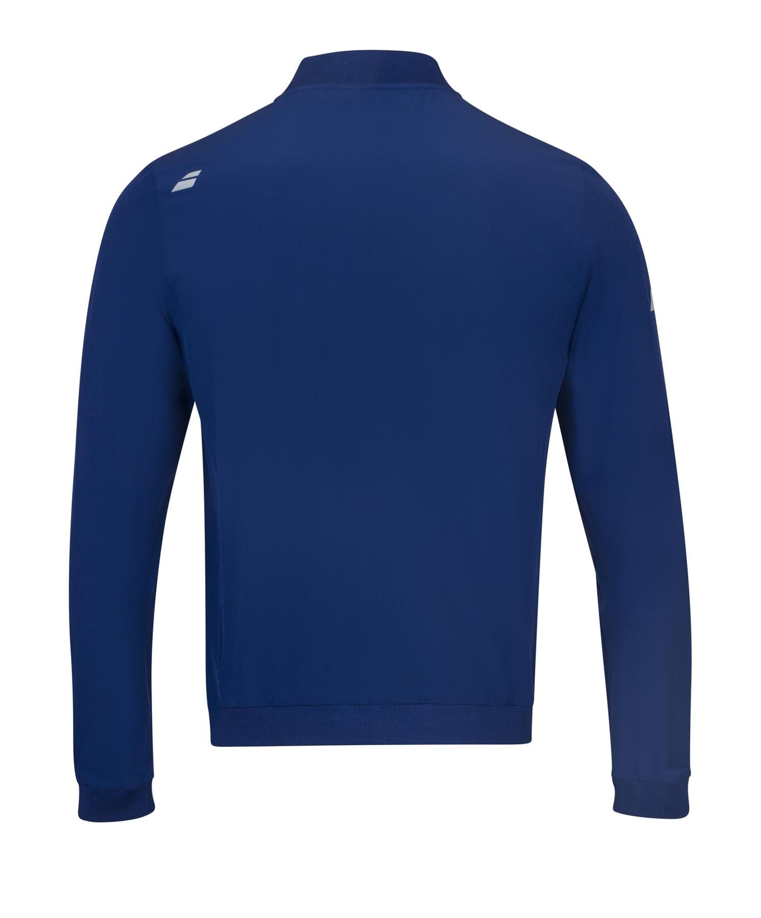 The back view of the Babolat Play Men's Badminton Jacket in Estate Blue displays a small white logo on the upper left shoulder. With long sleeves and a ribbed hem, this jacket projects a clean, sporty appearance ideal for winter evenings. It's crafted from four-way stretch fabric to enhance comfort and flexibility.