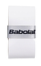 The Babolat Pro Tour 2.0 Comfort Badminton Overgrip Single in white is expertly designed for advanced players, showcasing a sleek silver band adorned with the "Babolat" logo in black. This grip comes neatly coiled and is ready for easy application to either a tennis racket handle or as an overgrip for badminton rackets.