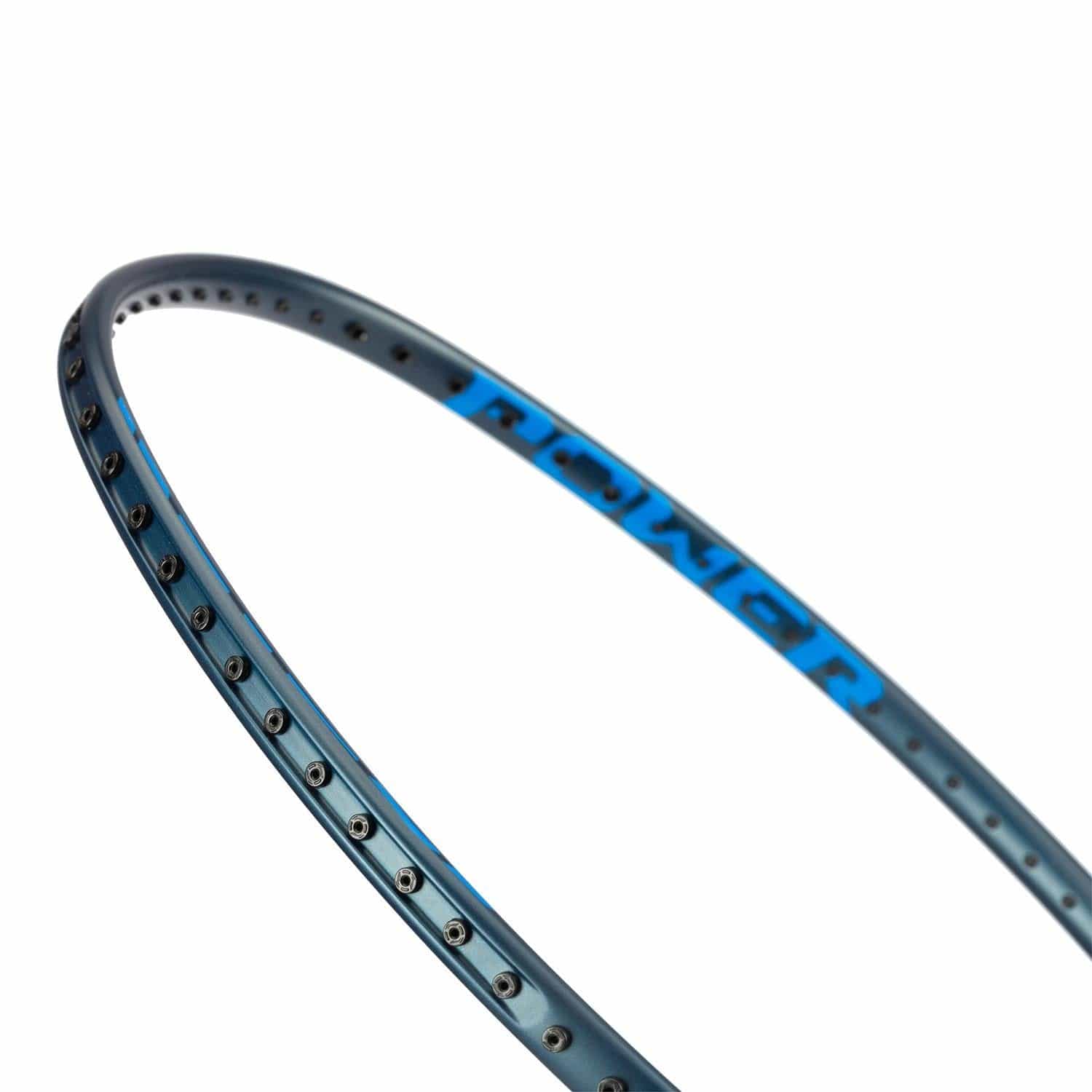 Close-up of a Li-Ning Axforce 10 4U Badminton Racket frame in sleek grey with "POWER" in blue on the inside. Tilted view reveals string holes minus strings, showcasing a smooth, minimal design enhanced by the innovative Sonic Boom System.