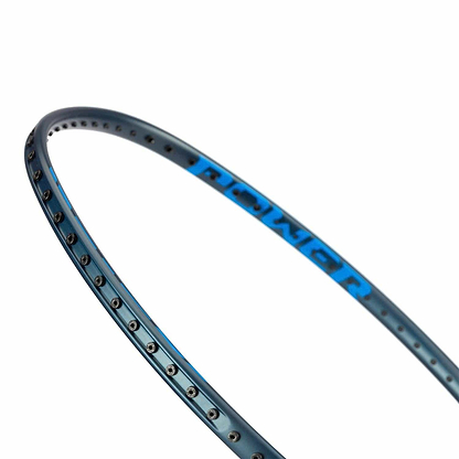 Close-up of a Li-Ning Axforce 10 4U Badminton Racket frame in sleek grey with "POWER" in blue on the inside. Tilted view reveals string holes minus strings, showcasing a smooth, minimal design enhanced by the innovative Sonic Boom System.